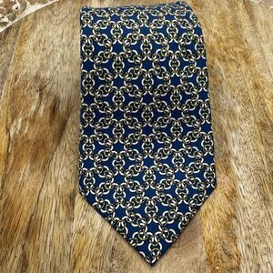 VTG HERMES Silk Tie CHAINED RINGS HORSE BIT FRANCE YELLOW BLUE Gold 7520 IA